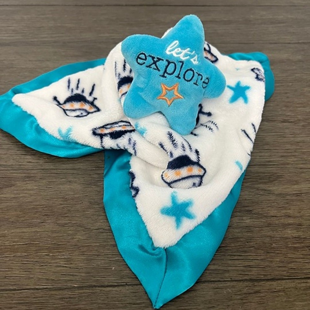 Lightning Bug Baby Space UFO Star Security Blanket Lovey Teal Satin Trim Plush